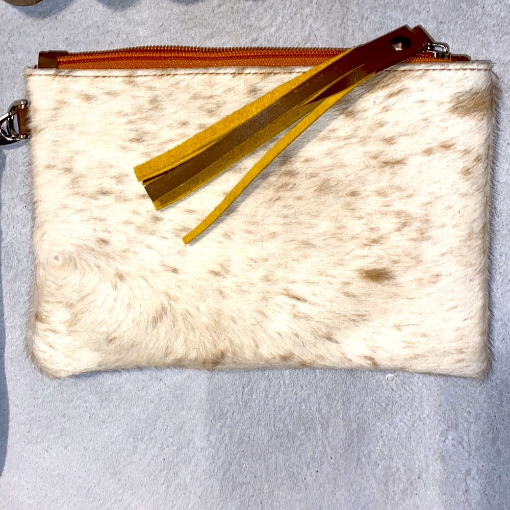 New Handmade Real Cowhide Hair On Wristlet Wallet Handbag ~ Brown & Cream#921 - Picture 5 of 5